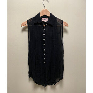 Vintage Womens Tunic Medium Black Rayon Sheer Pleated Sleeveless Lagenlook 90s